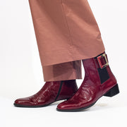 Dansi Henriqua Burgundy Patent Ankle Boot Model Shot side. Size 42 womens shoes