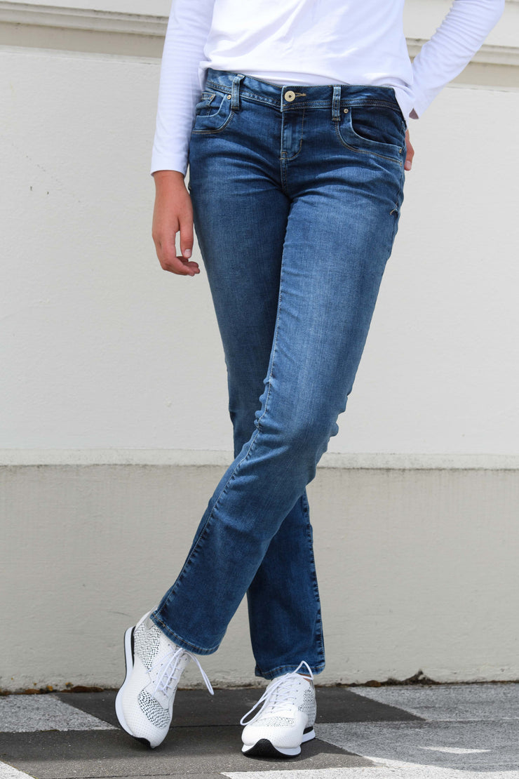 Front view of tall model wearing Valerie 34Leg Blue Lapis Jeans made longer for tall women