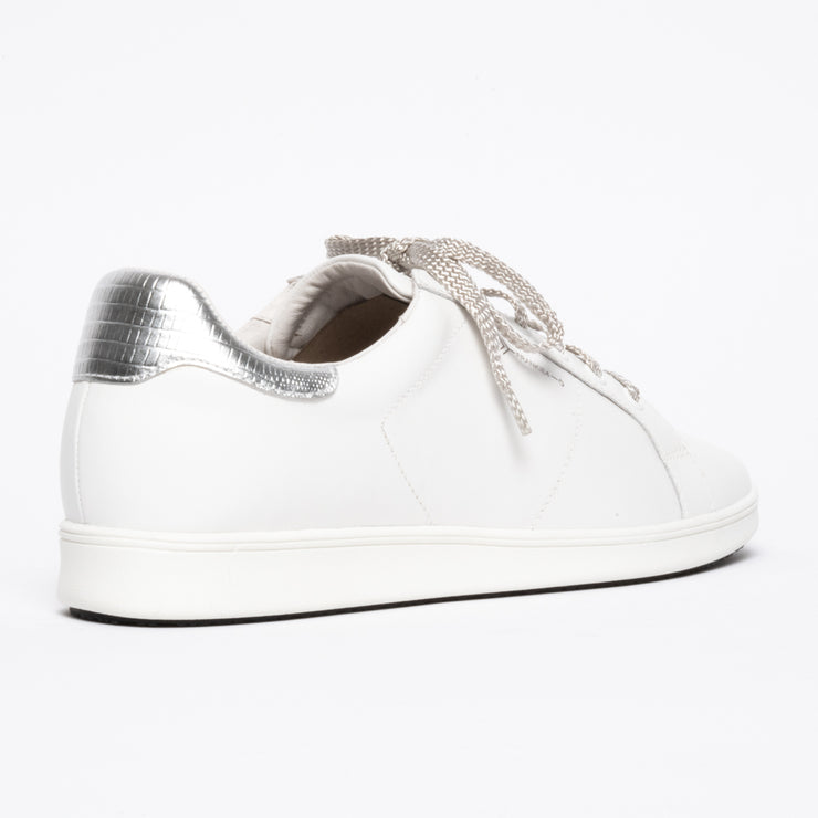 Frankie4 Jackie III White Silver Lizard Print sneakers back view. Womens size 11 sneakers