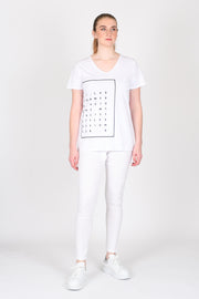 Tall model wearing Design Your Life V Tee White for tall women