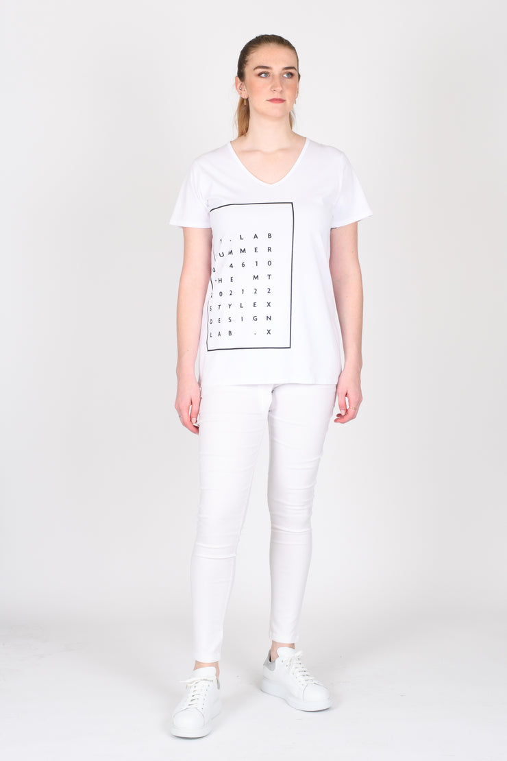 Tall model wearing Design Your Life V Tee White for tall women