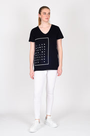 Tall model wearing Design Your Life V Tee Black for tall women