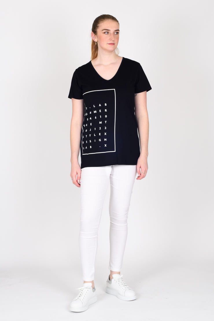 Tall model wearing Design Your Life V Tee Black for tall women