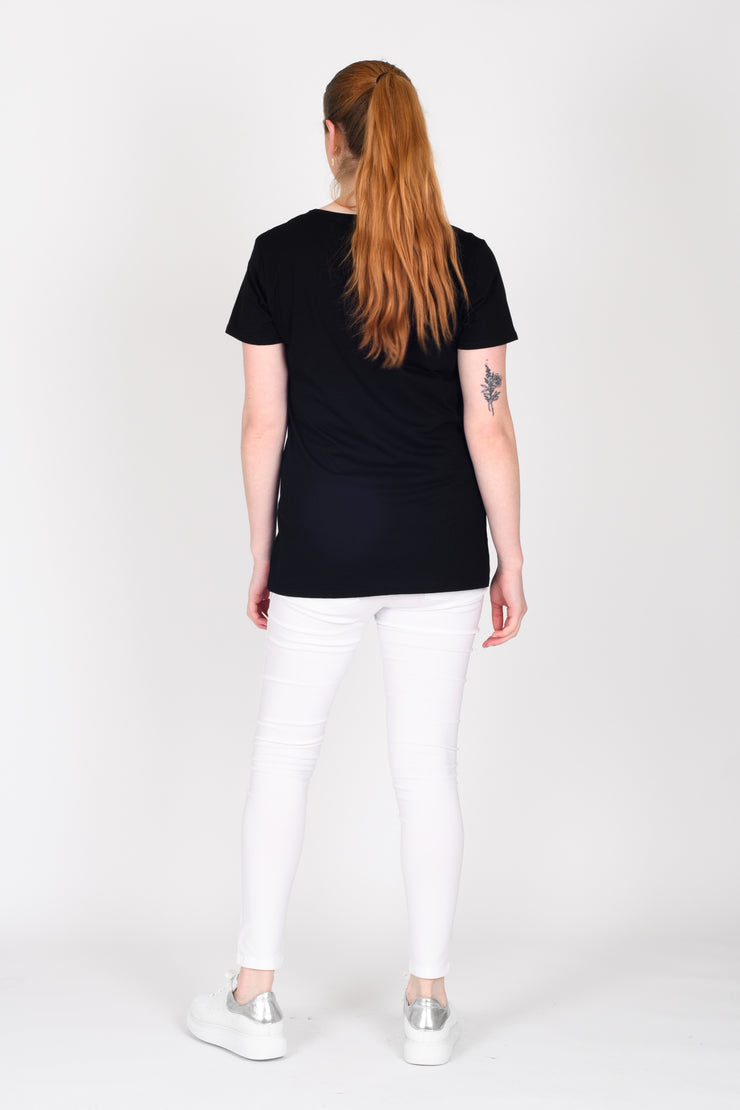 Back view of Tall model wearing Design Your Life V Tee Black for tall women
