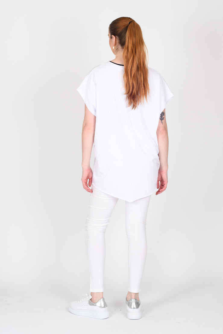 Back view of Tall model wearing Out Of Box Tee White for tall women