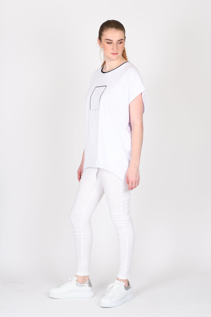Side view of Tall model wearing Out Of Box Tee White for tall women