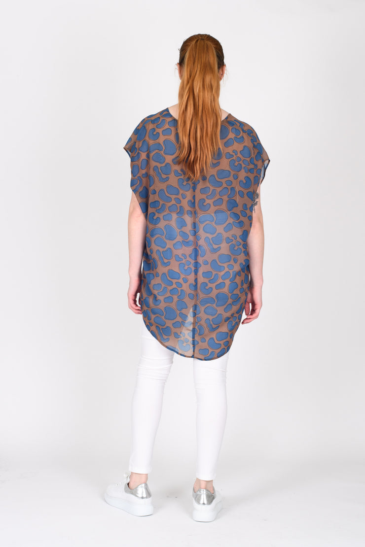 Back view of Tall model in Games Top Blue Print for tall women
