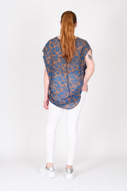 Back view of Tall model wearing Games Top Blue Print for tall women