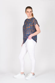 Side view of Tall model wearing Games Top Blue Print for tall women