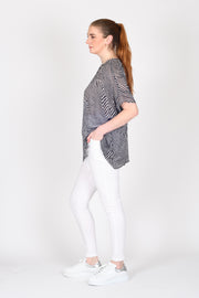 Tall model wearing Panel Breezy Top Chromatic Print for tall women