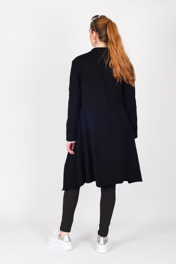 Back view of Tall model wearing New Page Coat Black made longer for tall women