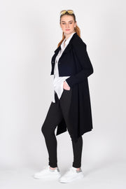 Side view of Tall model wearing New Page Coat Black made longer for tall women