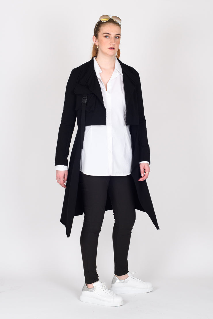 Tall model wearing New Page Coat Black made longer for tall women