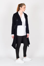 Front view of tall model wearing New Page Coat Black made longer for tall women