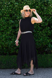 Tall model in Drape Dress Black made longer for tall women