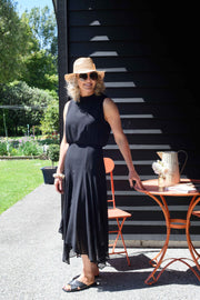 Tall woman wearing Drape Dress Black made longer for tall women