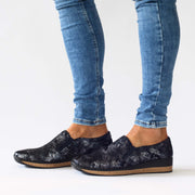 Model wearing Cassini Mantilly Navy Reptile Shoes. Womens size 45 shoes