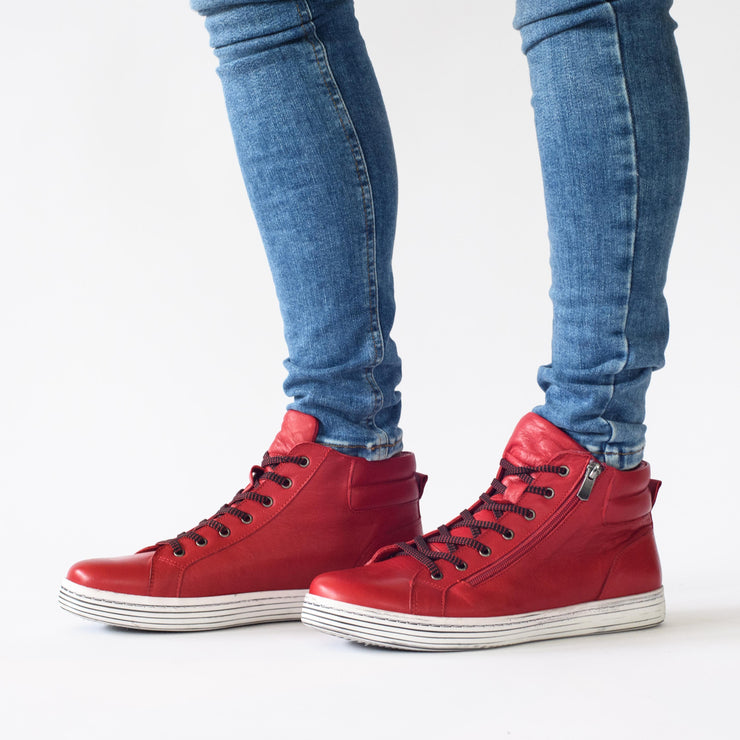 Model in Cabello Urban Red ankle boots for women with big feet