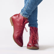 Model wearing Django and Juliette Kingfish Pinot Ankle Boots. Size 42 women's boots