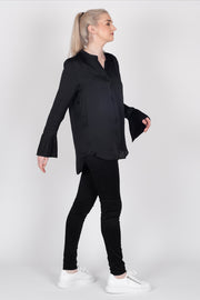 Tall model wearing Paloma Shirt Black Satin, side