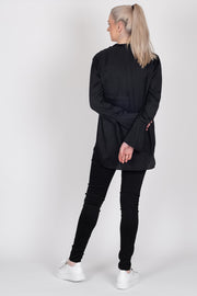 Tall model wearing Paloma Shirt Black Satin, back