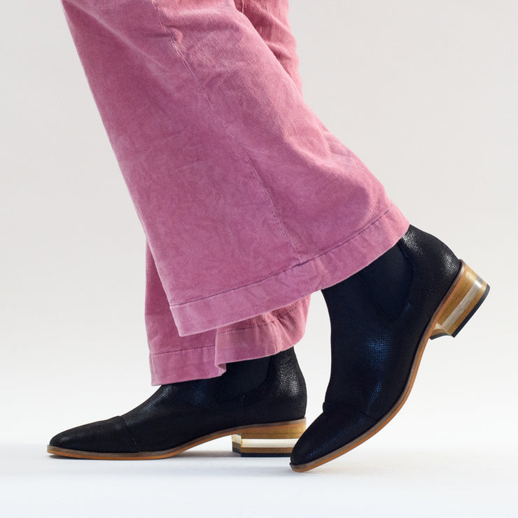 Model wearing Django and Juliette Ford Black Cut leather ankle boots. Size 43 womens ankle boots