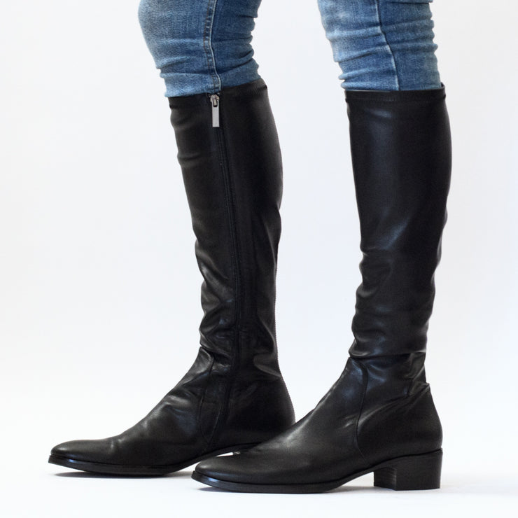 Model wearing Django & Juliette Timothie Black Smooth boots for women with longer, larger feet. Size 42, 43, 44, 45 boots