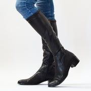 Woman wearing Django & Juliette Timothie Black Smooth boots for women with longer, larger feet. Size 42, 43, 44, 45 boots