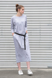 Tall model wearing Lulu Dress Grey Marle, front with belt detail