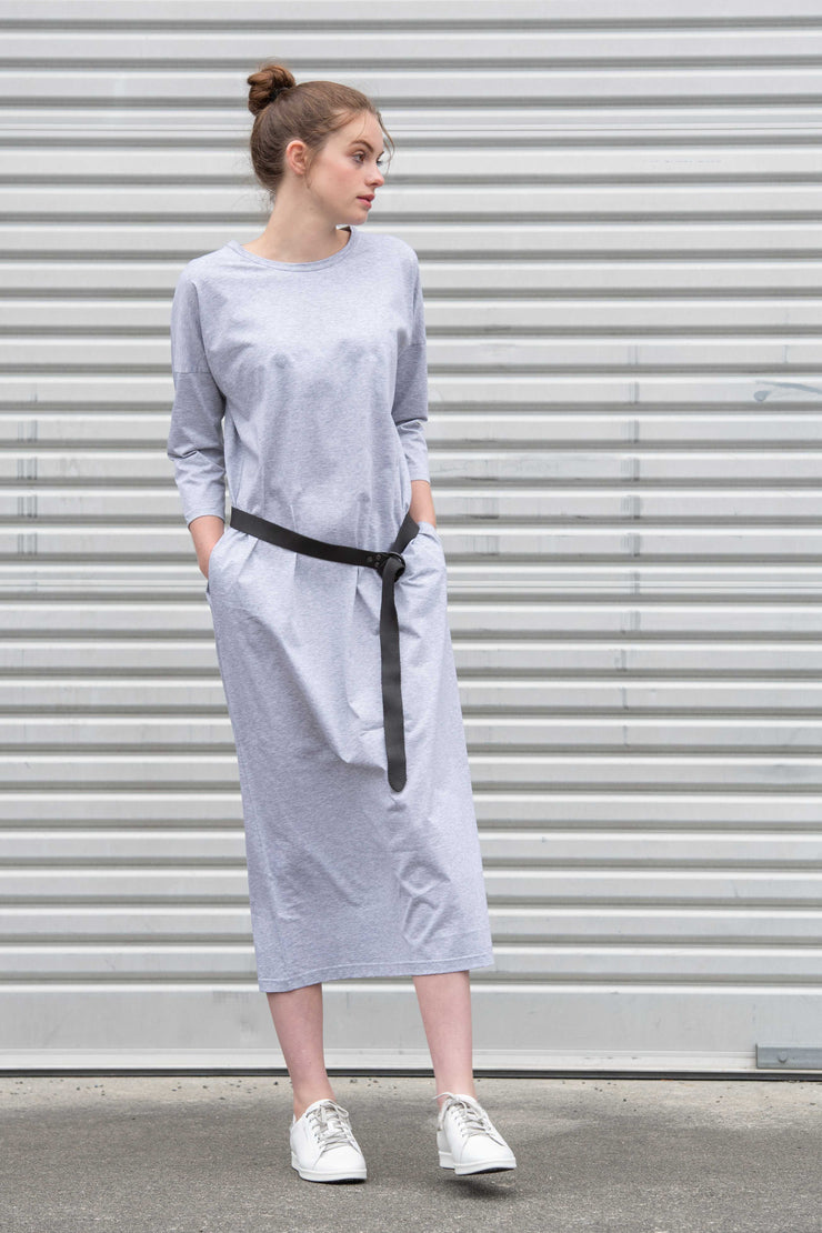Tall model wearing Lulu Dress Grey Marle, front with belt detail