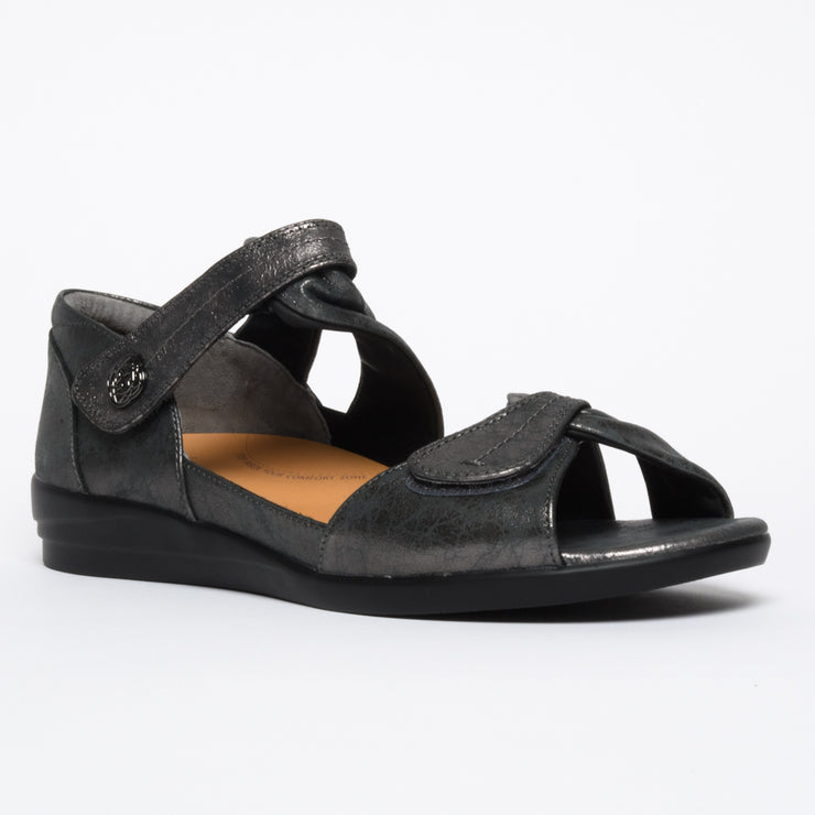 Ziera Doxie Pewter Satin Metal Sandal front. Size 43 womens shoes
