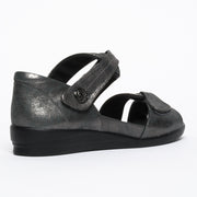 Ziera Doxie Pewter Satin Metal Sandal back. Size 44 womens shoes