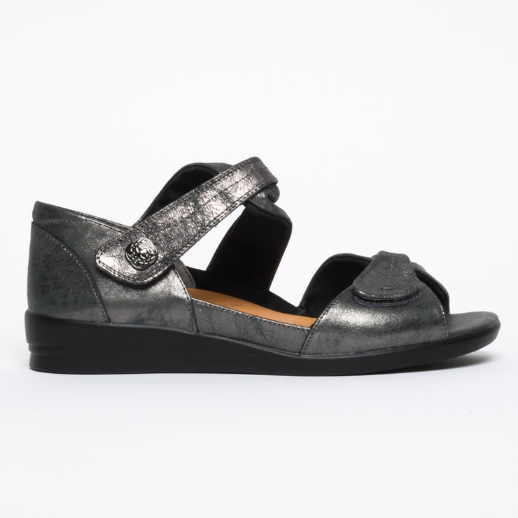 Ziera Doxie Pewter Satin Metal Sandal side. Size 42 womens shoes