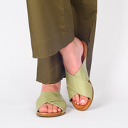 Model wearing Rilassare TackleV2 Khaki Sandal for long feet. Size 43 womens shoes