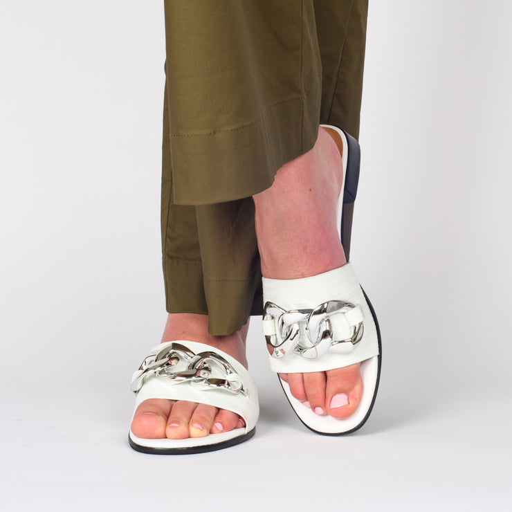 Model wearing Tamara London Benny White Reptile Silver Sandal for long feet. Size 43 womens shoes