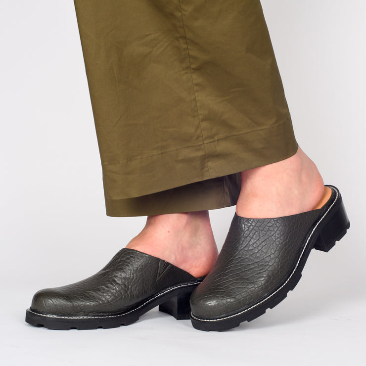 Model wearing Bresley Deeper Khaki Rhino Print shoes. Womens Size 44 shoes