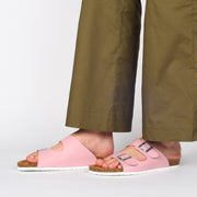 Model wearing Plakton Greta Pink Sandals. Size 42 womens shoes