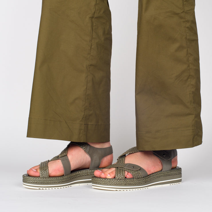 Model wearing Django and Juliette Adelyna Dark Khaki Sandals. Size 42 womens shoes