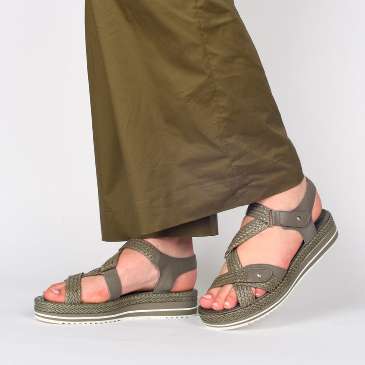 Model wearing Django and Juliette Adelyna Dark Khaki Sandals. Size 43 womens shoes