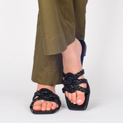 Model wearing Dansi Seraphina Black slides. Size 45 womens shoes