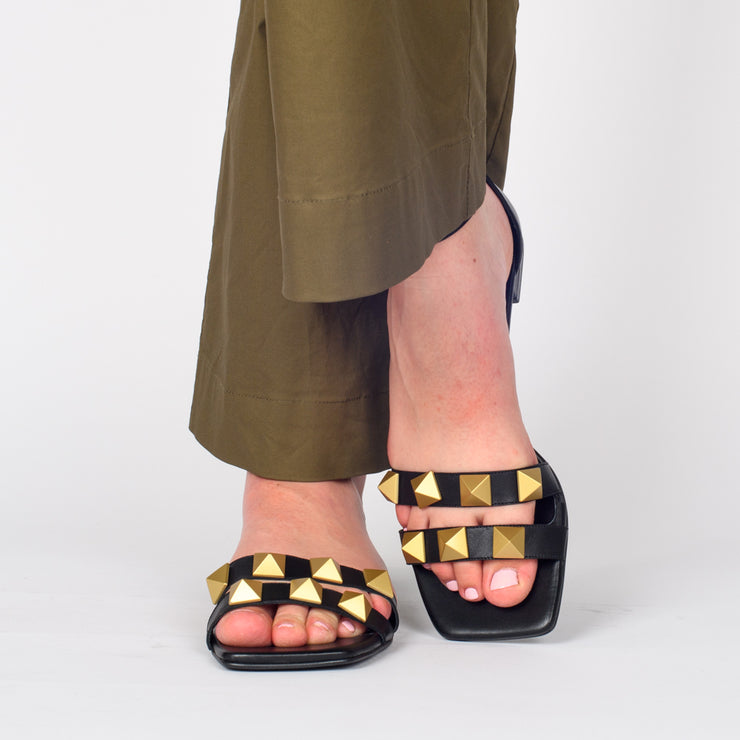 Model wearing Dansi Althea Black Sandals. Size 45 womens shoes