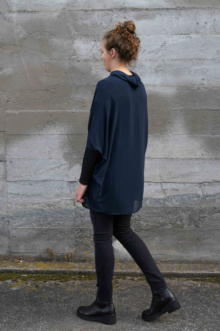 Back view of tall woman wearing X Lab Beginnings Polo Top in Navy for tall women