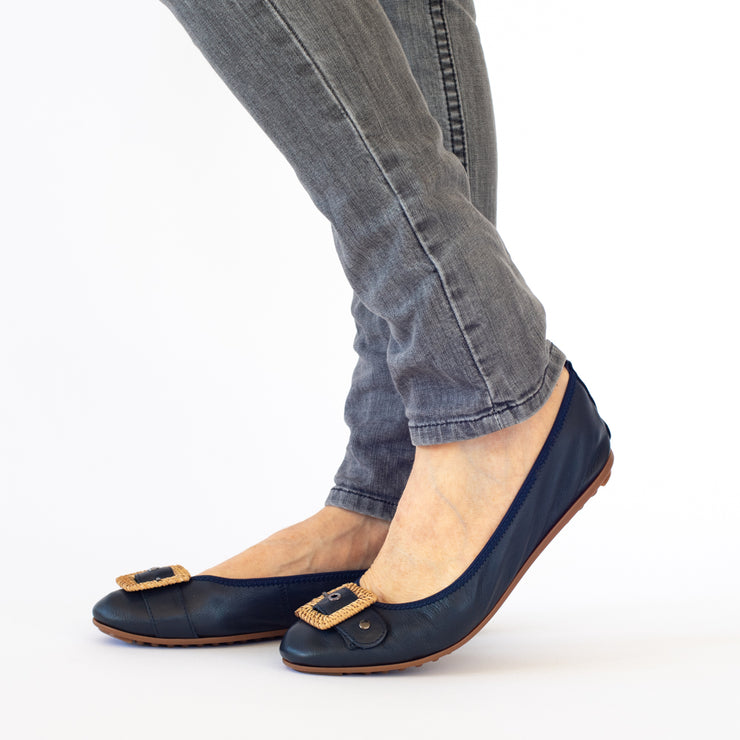 Model wearing Django and Juliette Bobo Navy. Size 12 women’s shoes.