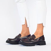 Model wearing Babouche Lifestyle Rae Burgundy shoes. Womens size 43 shoes