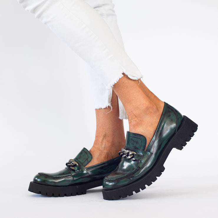 Model wearing Babouche Lifestyle Rain Green Hi Shine shoes. Womens size 44 shoes