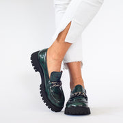 Model wearing Babouche Lifestyle Rain Green Hi Shine shoes. Womens size 45 shoes