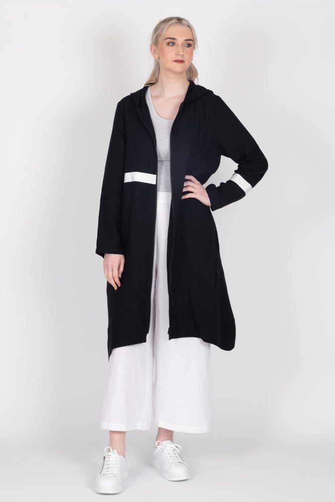 Tall model wearing Linen Coat Black, front