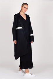 Tall model wearing Linen Coat Black, front
