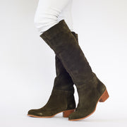 Model wearing Babouche Lifestyle Rene Khaki Suede long boots
