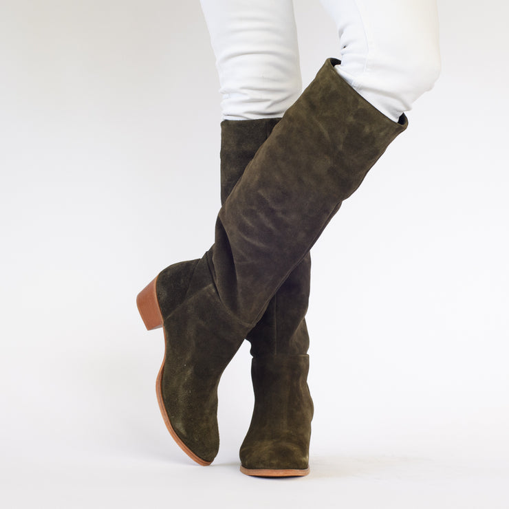 Model wearing Rene Khaki Suede long boots